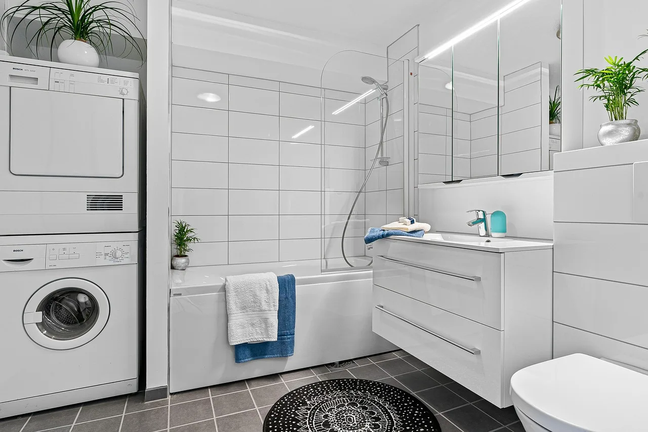 real estate, interior, bath room, toilet, shelf, sink, luxury, art, nature, table, wood, chair, shampoo, shower, washing machine, mirror, towel, decor, cabinet, plant, carpet. How to Read Commercial Washer Error Codes by Fault Family