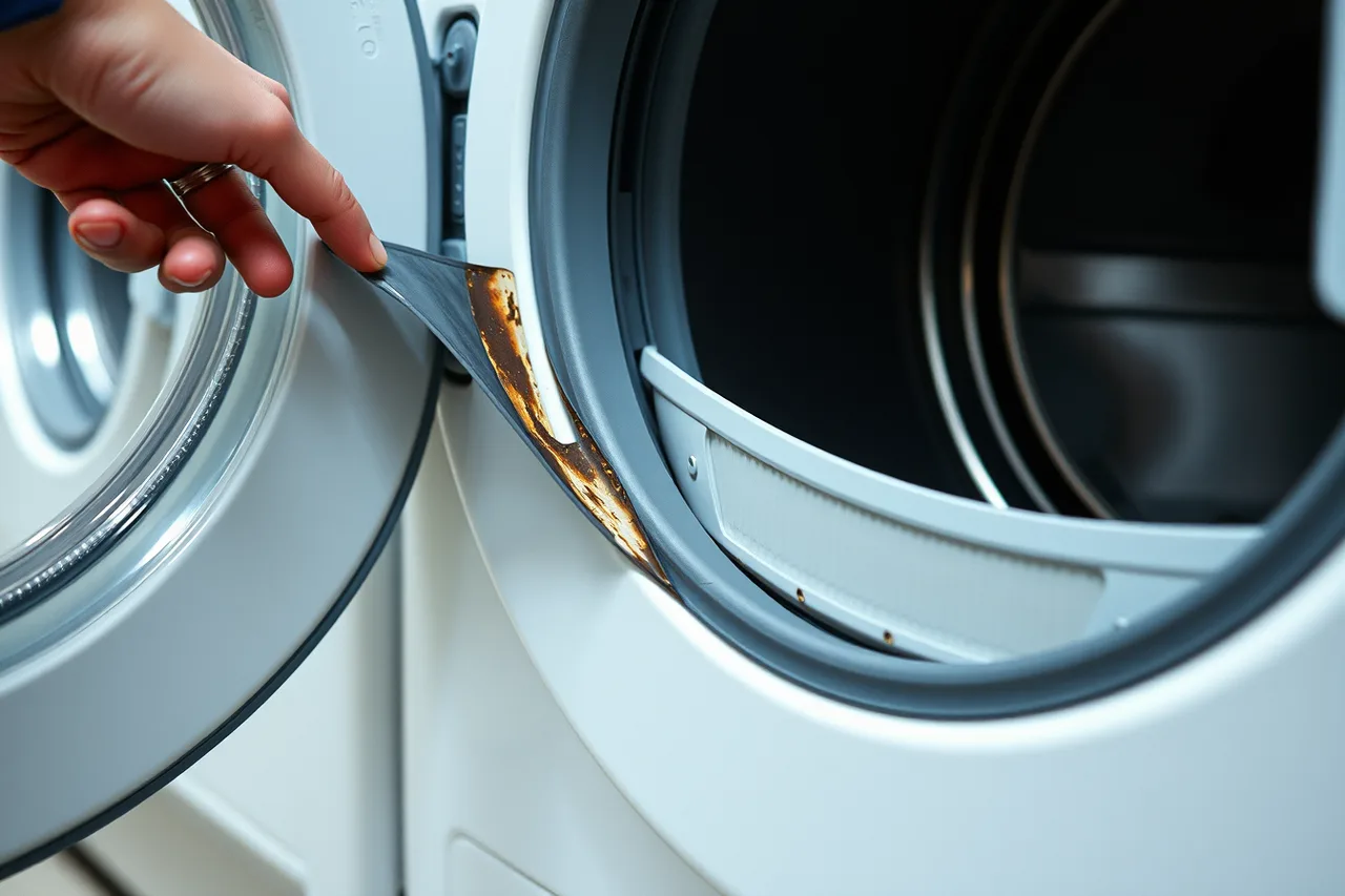 Folded washer door boot seal with mold in the crease (The 12-Point Preventive Maintenance Checklist for Laundromat Washers)
