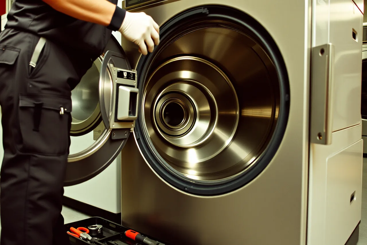 Technician removing outer tub and bearing from commercial washer (Bearing Replacement or New Washer: A Laundromat Cost Comparison)