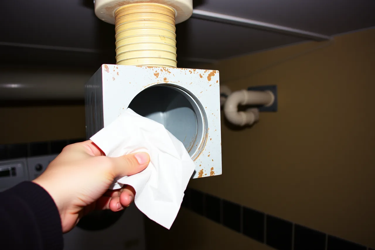 Hand holding tissue over open vent cleanout to test vent blockage (How to Keep Commercial Washer Drains Clear in a Laundromat)