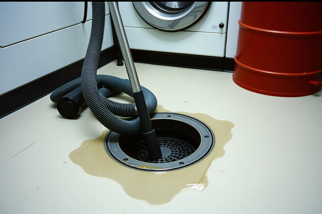 Wet/dry vacuum removing standing water from a floor drain (How to Keep Commercial Washer Drains Clear in a Laundromat)