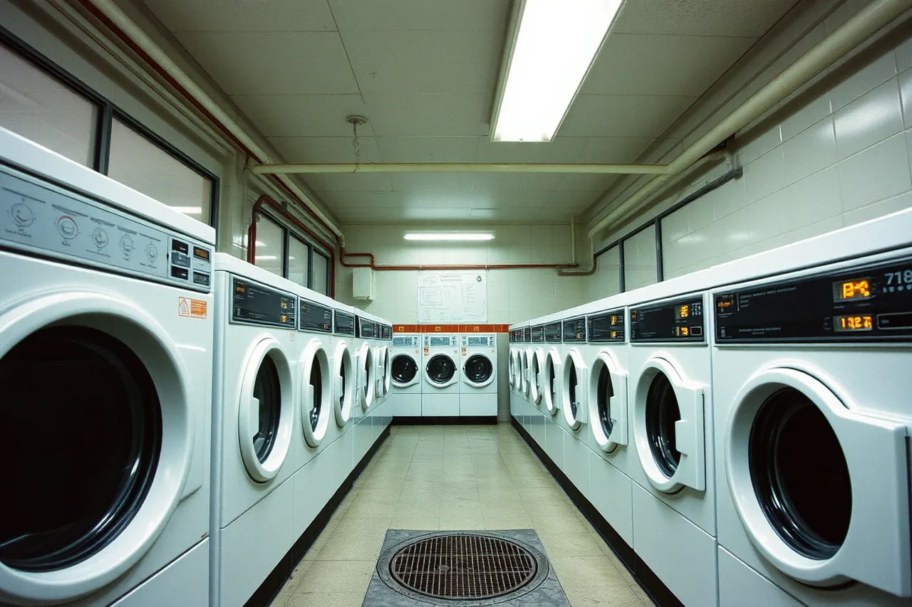 Row of commercial washers filling at once in a laundromat (Finding the right site for a laundromat in 2027)