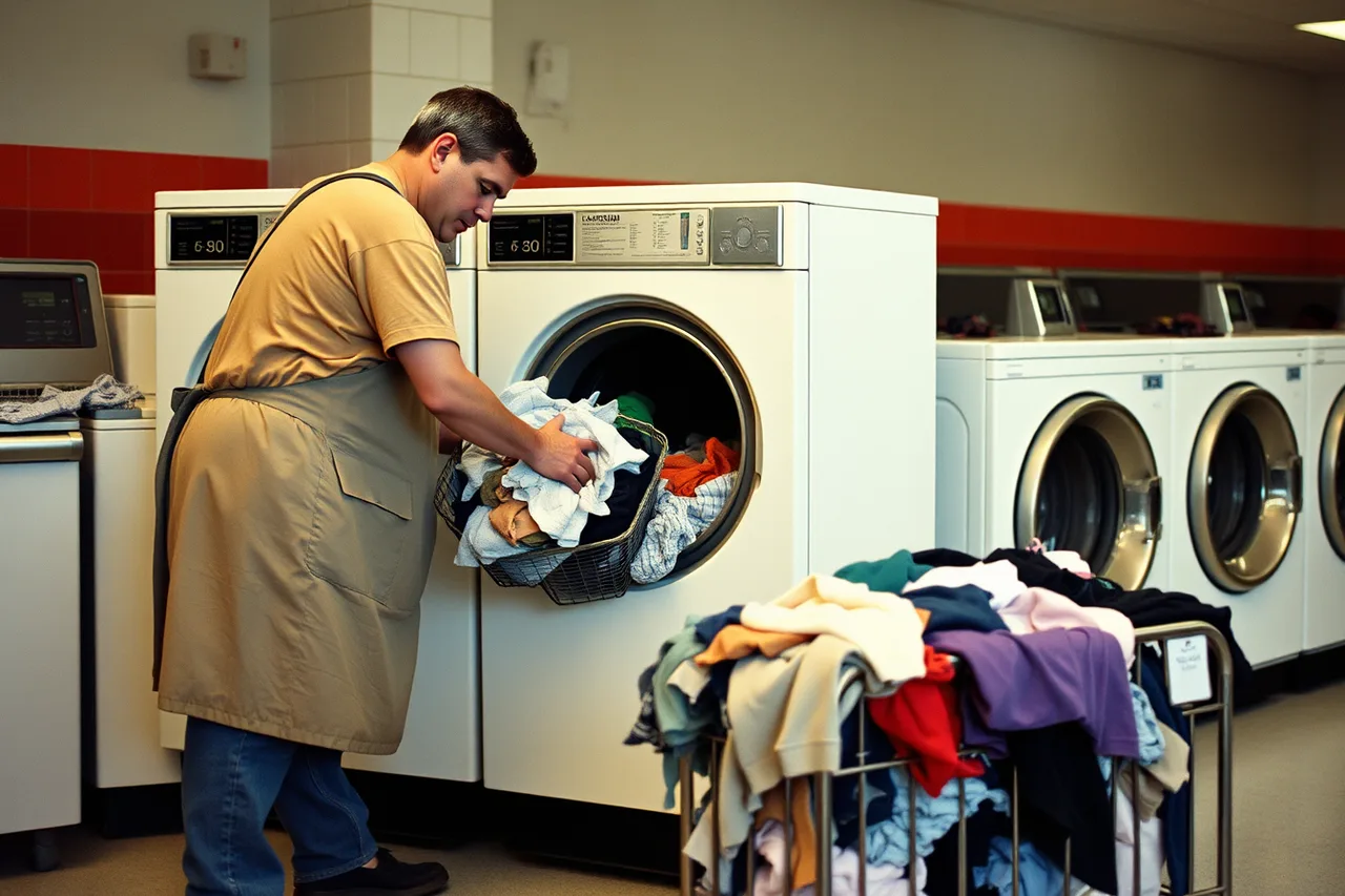 Worker loading mixed laundry into a front-load commercial washer (How a laundromat hires people it can count on)