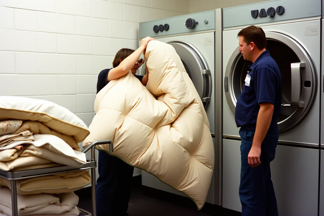 Candidate lifting a heavy comforter into a commercial washer (How a laundromat hires people it can count on)