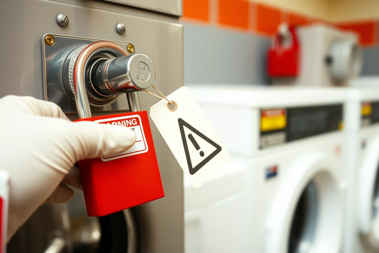 Lockout padlock and tag on a commercial washer's energy disconnect (What a serious laundromat compliance checklist covers)