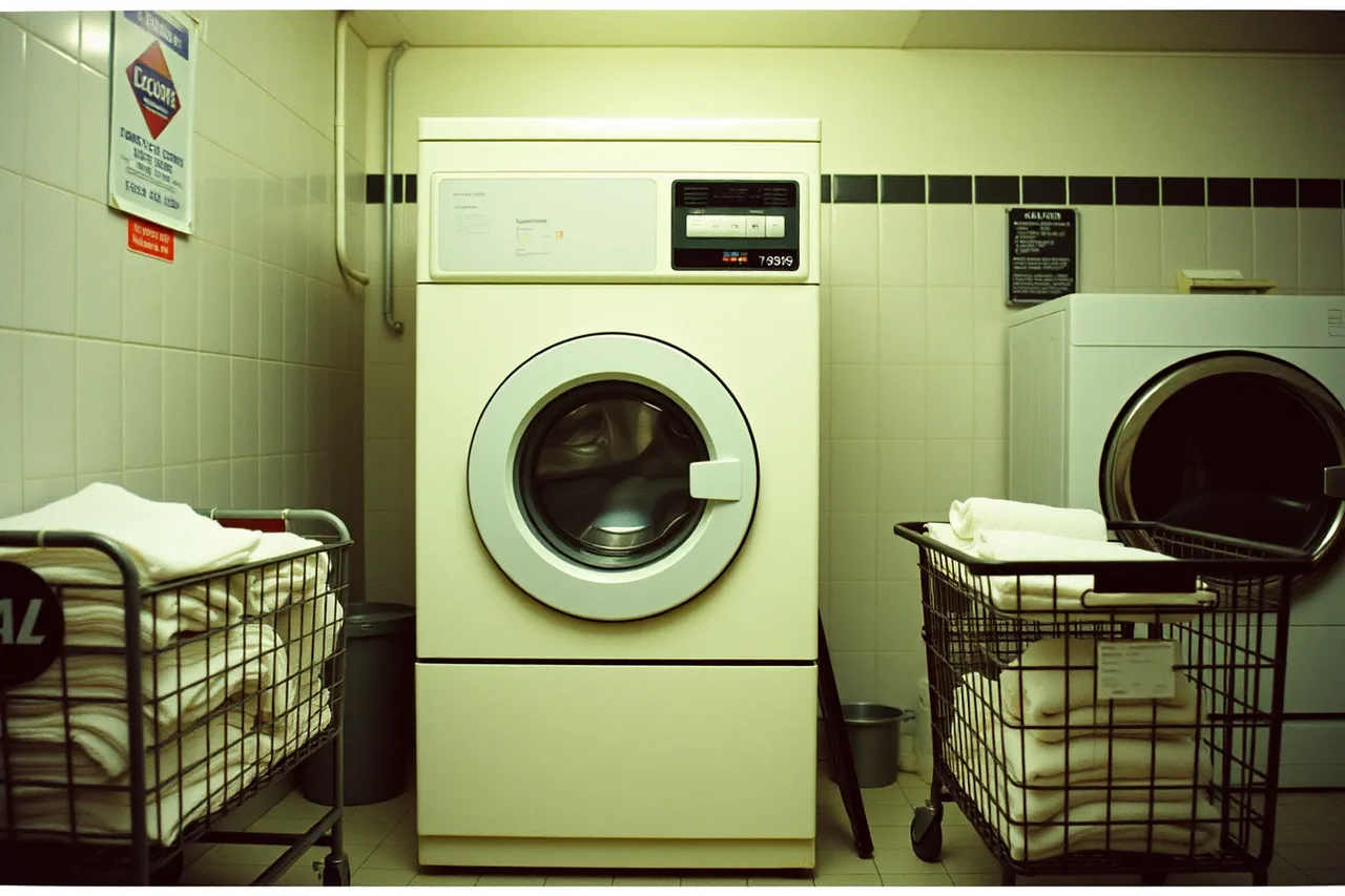 Open commercial front-load washer with drum visible in laundromat (Equipment a laundromat cannot open without in 2027)