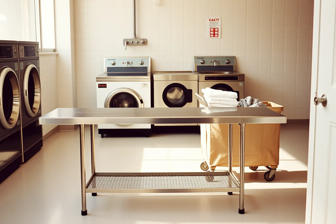 Stainless folding table with shelf and canvas laundry cart (Equipment a laundromat cannot open without in 2027)