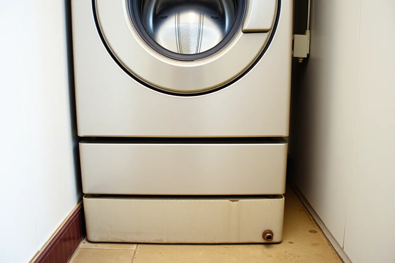 Commercial washer anchored to floor with clearance gap to wall (Coin Laundry Association benchmarks and training for US washer upkeep)