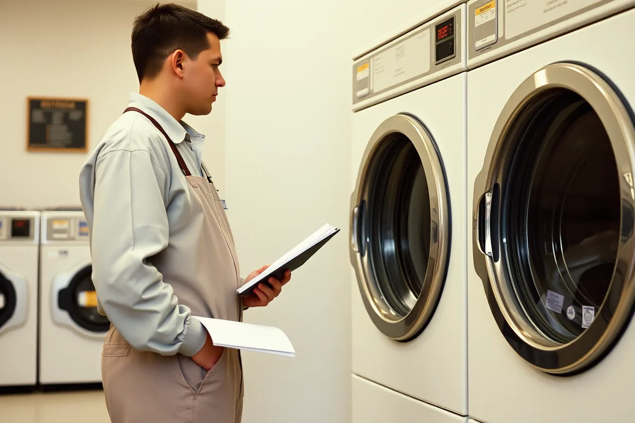 Attendant reading error code on commercial washer control panel (Coin Laundry Association benchmarks and training for US washer upkeep)