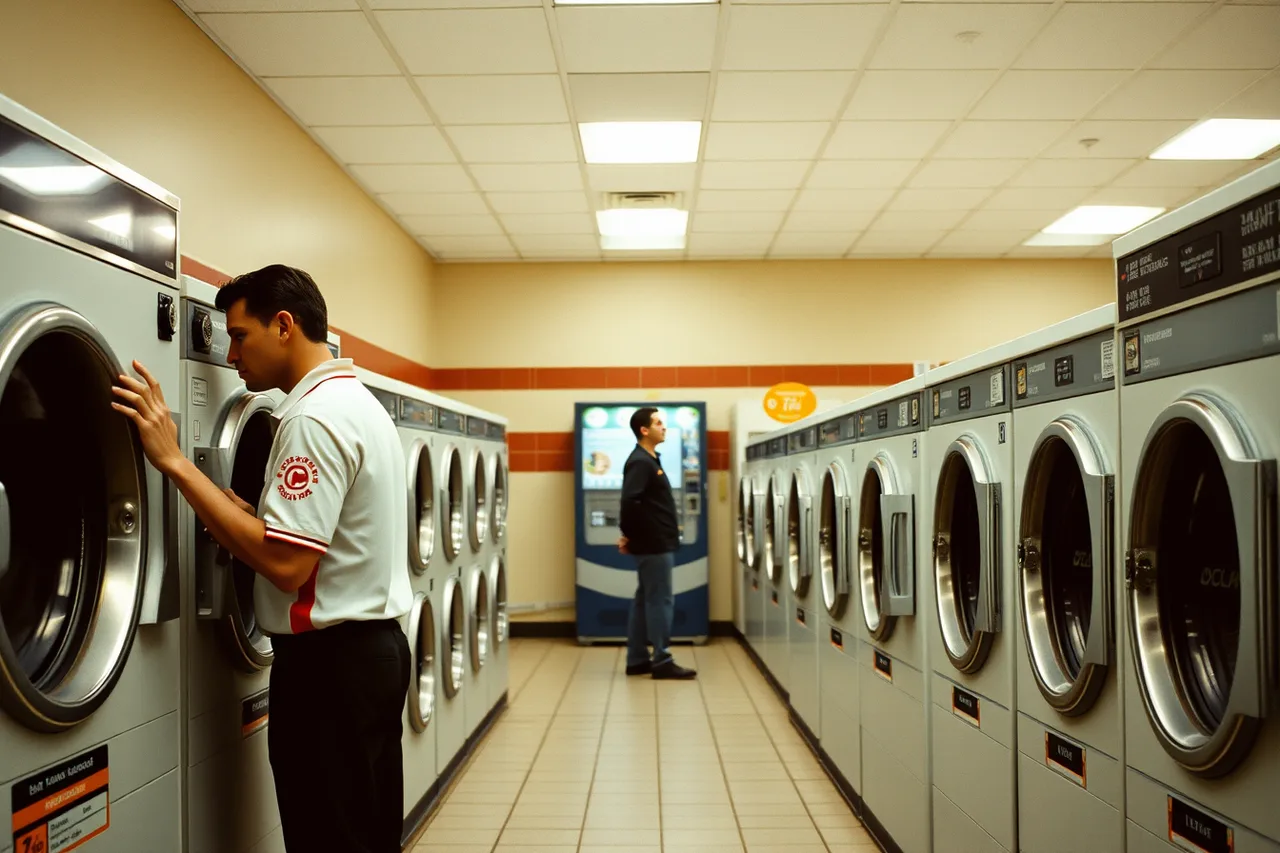 Laundromat attendant working a change machine beside front-loading washers (3 parts of laundromat hiring and training, explained)