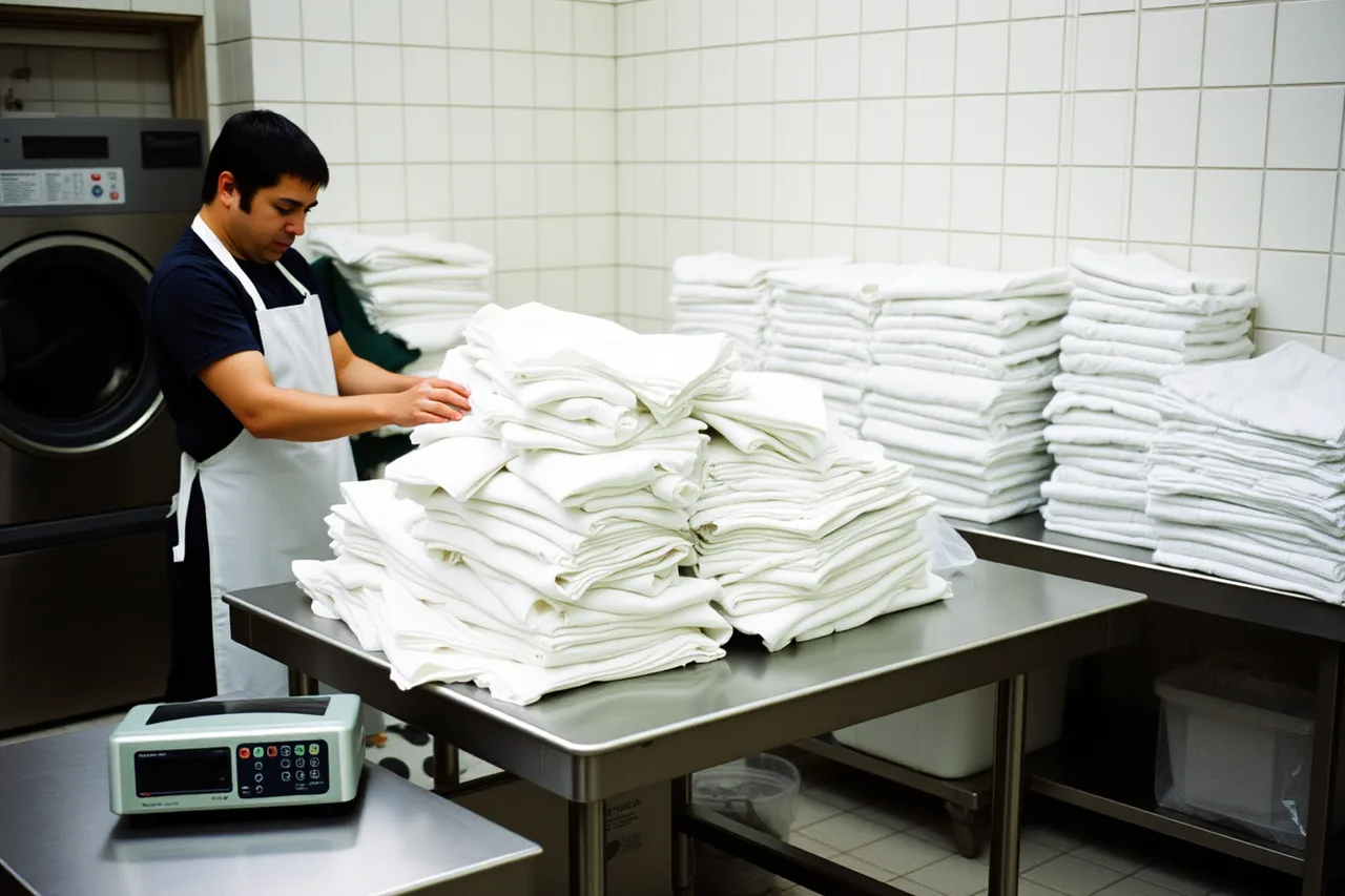 Wash-and-fold worker sorting and folding commercial linens at a steel table (3 parts of laundromat hiring and training, explained)