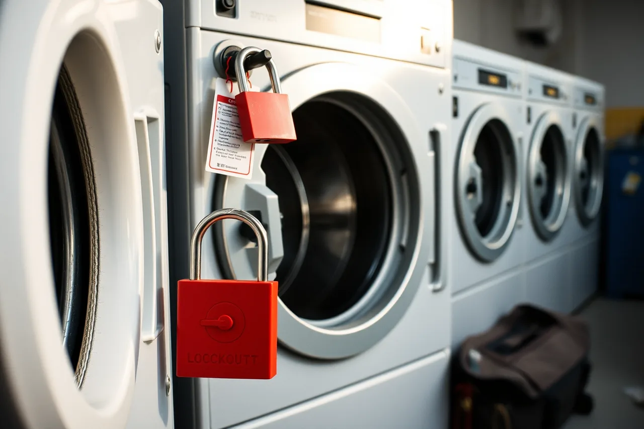 Technician applying a lockout padlock and tag to a washer disconnect (3 parts of laundromat hiring and training, explained)