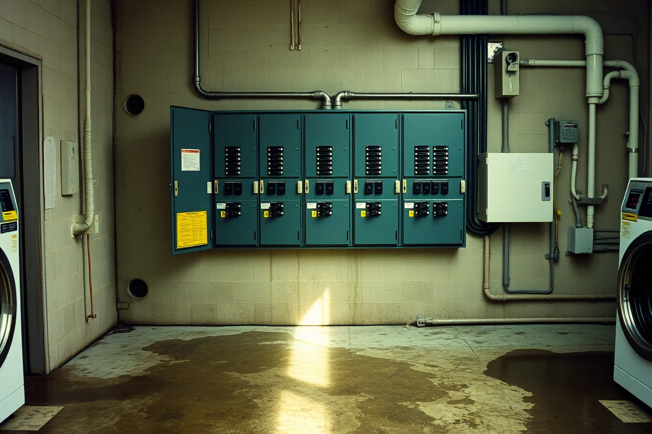 Labeled electrical panel with clear working space in a wet laundromat machine room (OSHA and NFPA compliance for US laundromat machine rooms, a checklist)
