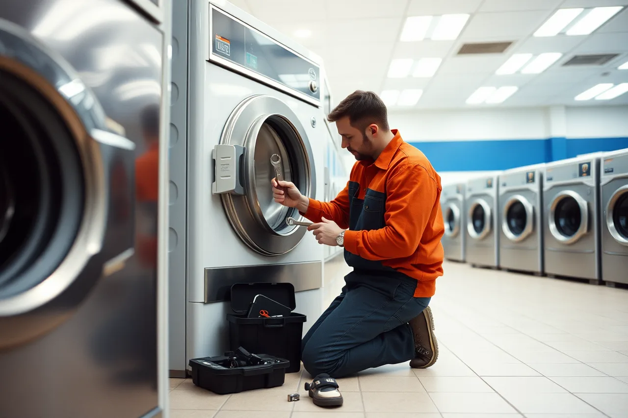 Maintenance technician repairing an open commercial washer in a laundromat (The wage question in a laundromat in 2027)