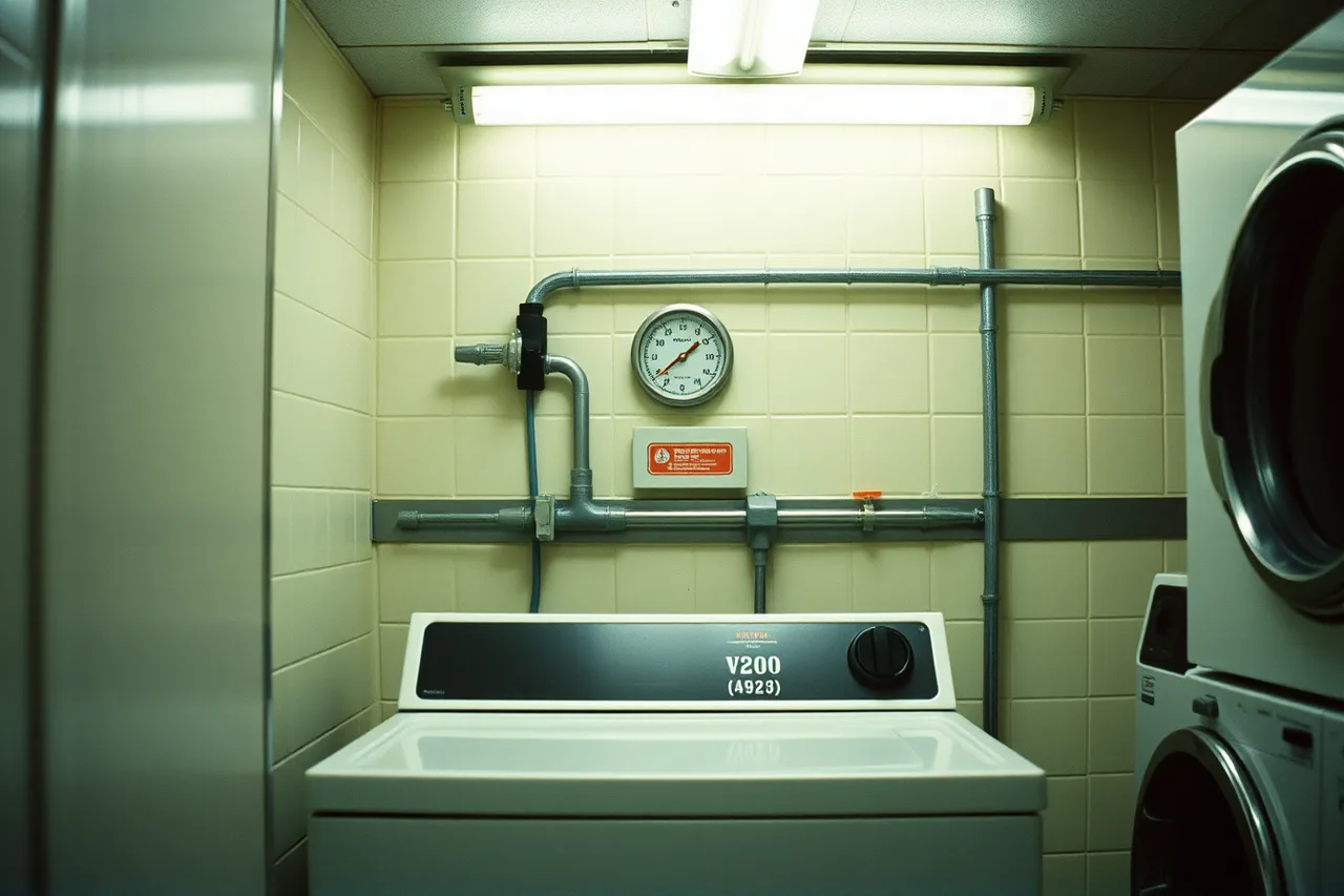 Technician inspecting commercial washer and water lines in laundromat machine room (5 things to check in laundromat software)