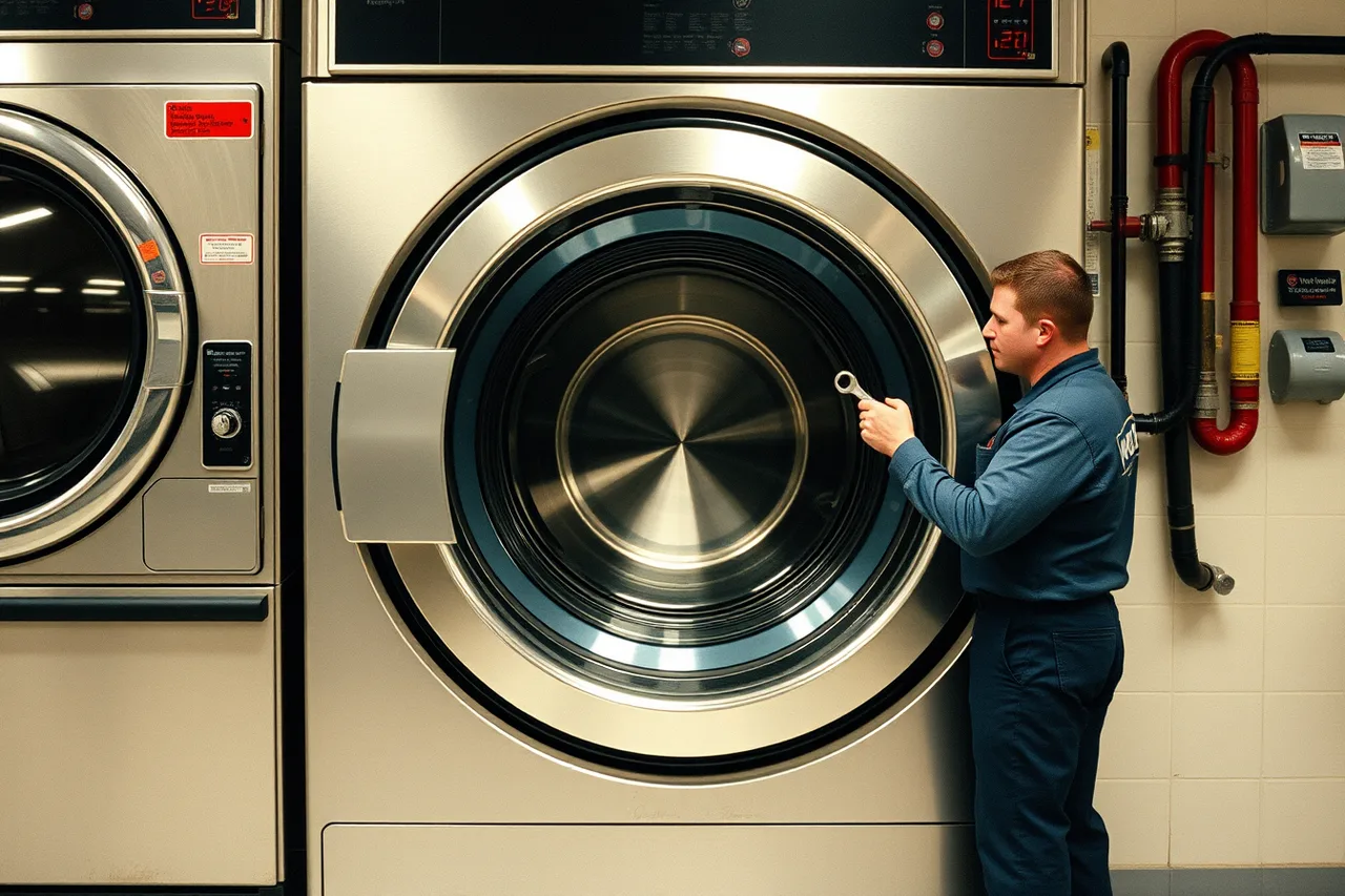 Worker inspecting large-capacity commercial washer drum and hookups (Where laundromat demand is heading in 2027)