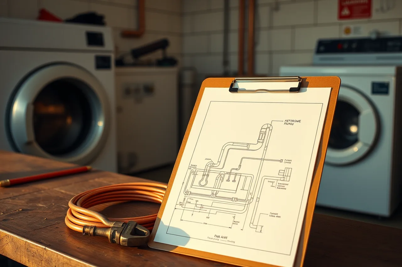 Plumbing permit application and line drawing on clipboard (Winter washer maintenance in Chicago and Minneapolis, freeze protection steps)