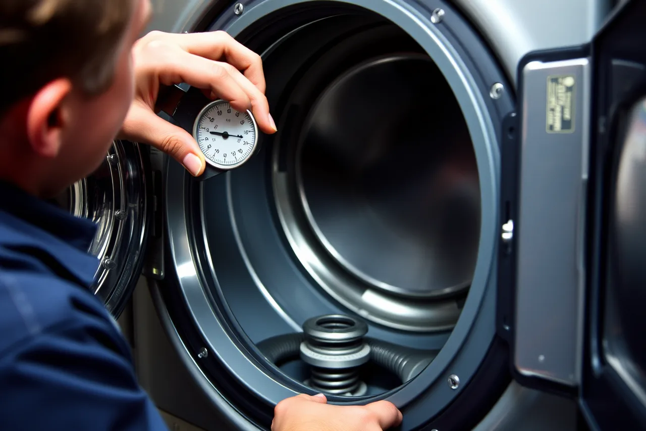 Technician using a dial indicator to measure washer main bearing play (Speed Queen Washer Maintenance Schedule That Prevents Breakdowns)